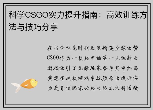 科学CSGO实力提升指南：高效训练方法与技巧分享