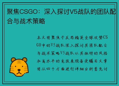 聚焦CSGO：深入探讨V5战队的团队配合与战术策略